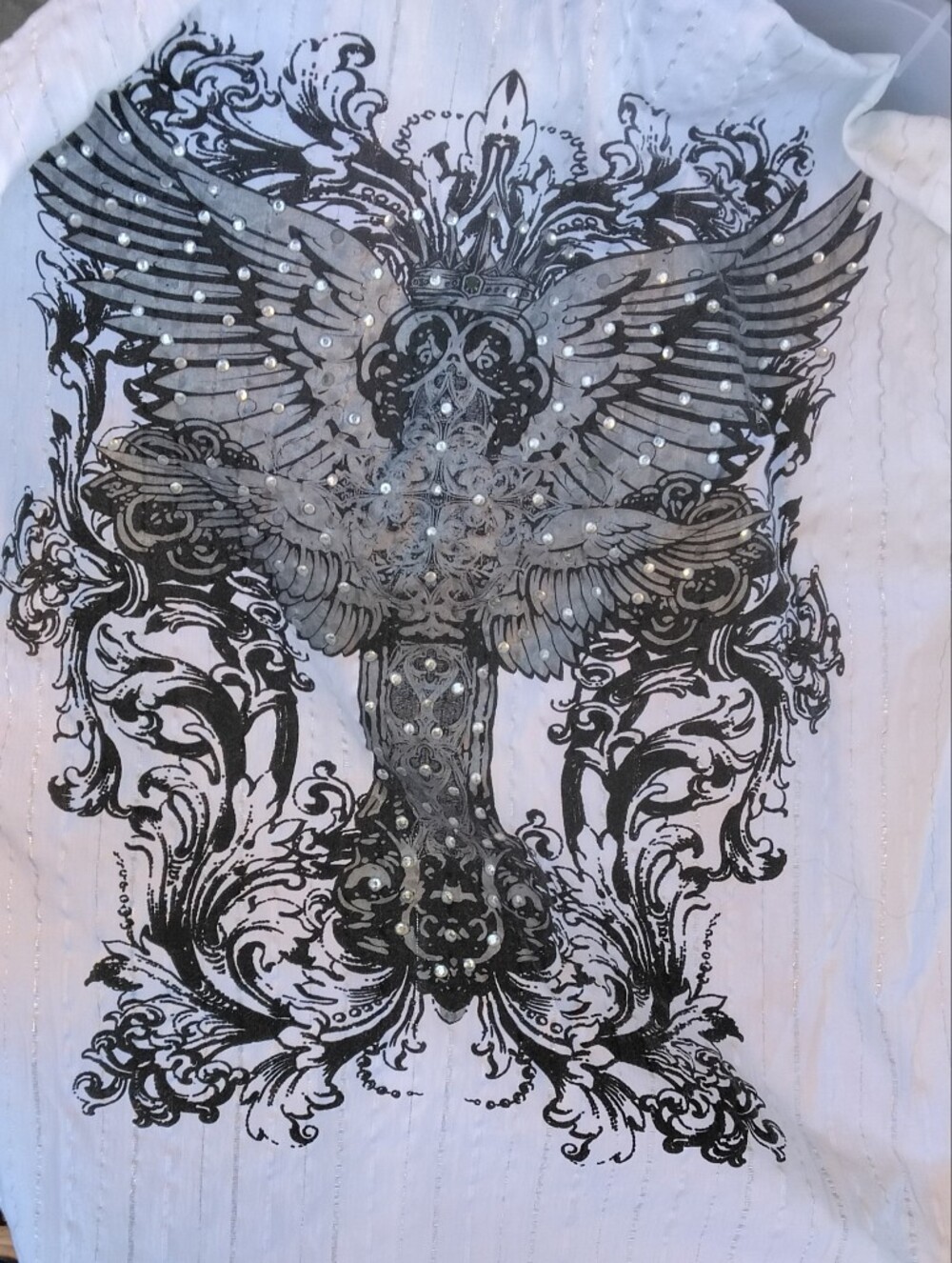 Women's White Button-Down Shirt with Embellished Wing Graphic